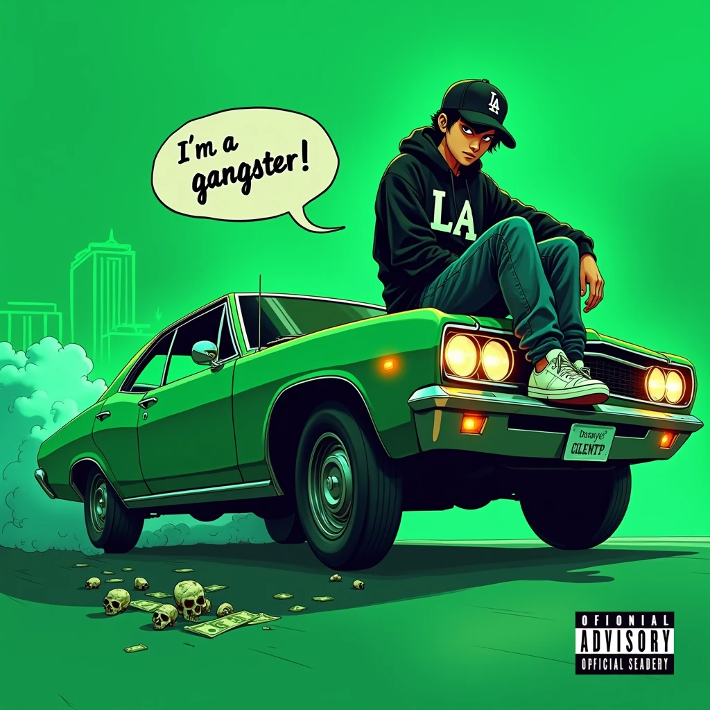 Image of a man sitting on the bonnet of a car, Yoshihiko Wada&#39;s album cover, winner of the behance contest, Doodle, official artwork, rap album cover, hip - hop album art cover, colored album art, hip hop music album cover, rap album cover art, official fanart, GTA Cover, hip hop album cover, album art cover, Cartoon character, oriental boy, Running car, Green background, green tea, Deep pressed black LA ball cap, white nike shoes, Black LA Hoodie, Baggy jeans worn down, black neighborhood, Skull, drug, The city seen from behind, korean, white smoke, Headlight light, Troublemakers, Bad boy, A lot of money flying around, Write I&#39;m a gangster like a character speech bubble, mischievous expression
