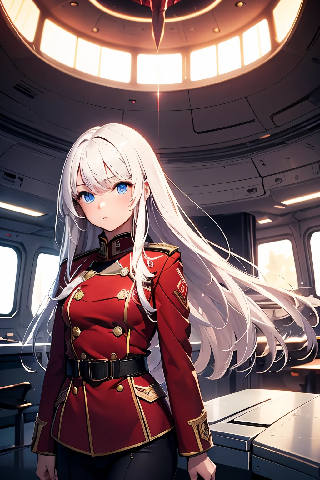 masterpiece,Highest quality,Very detailed,16 talented beautiful girls,Small breasts,White straight hair,Perfect Blue Eyes,very cute,Red military uniform,Sci-fi spaceship interior