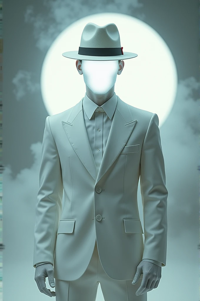 A man wears, white fedora hat with red small ribbon on the side of the hat, white glove, white suit, white glowing face, faceless, yin and yang symbol on behind