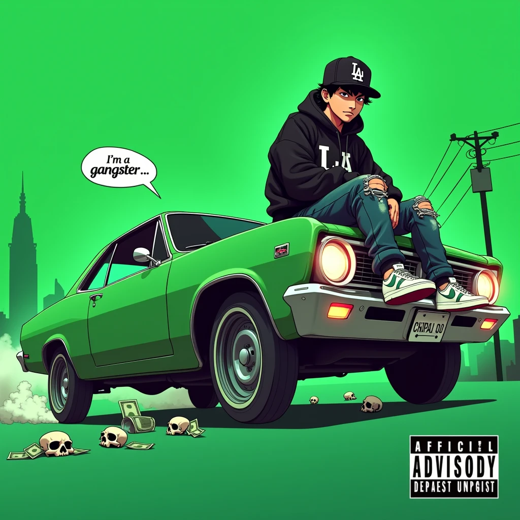 Image of a man sitting on the bonnet of a car, Yoshihiko Wada&#39;s album cover, winner of the behance contest, Doodle, official artwork, rap album cover, hip - hop album art cover, colored album art, hip hop music album cover, rap album cover art, official fanart, GTA Cover, hip hop album cover, album art cover, Cartoon character, oriental boy, Running car, Green background, green tea, Deep pressed black LA ball cap, white nike shoes, Black LA Hoodie, Baggy jeans worn down, black neighborhood, Skull, drug, The city seen from behind, korean, white smoke, Headlight light, Troublemakers, Bad boy, A lot of money flying around, Write I&#39;m a gangster like a character speech bubble, mischievous expression