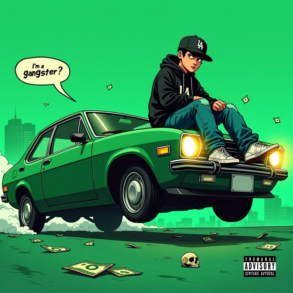 Image of a man sitting on the bonnet of a car, Yoshihiko Wada&#39;s album cover, winner of the behance contest, Doodle, official artwork, rap album cover, hip - hop album art cover, colored album art, hip hop music album cover, rap album cover art, official fanart, GTA Cover, hip hop album cover, album art cover, Cartoon character, oriental boy, Running car, Green background, green tea, Deep pressed black LA ball cap, white nike shoes, Black LA Hoodie, Baggy jeans worn down, black neighborhood, Skull, drug, The city seen from behind, korean, white smoke, Headlight light, Troublemakers, Bad boy, A lot of money flying around, Write I&#39;m a gangster like a character speech bubble, mischievous expression