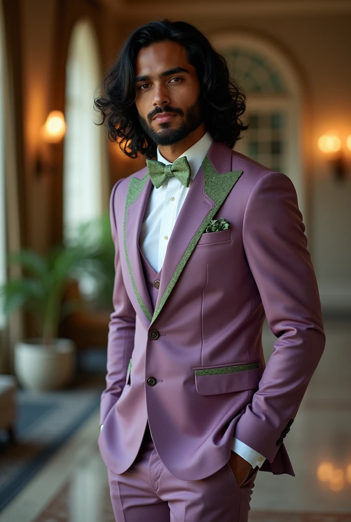 A dusty purple wedding suit with sage green accents on a Italian, black, white, and Phillipino man with shoulder leaght wavy balck hair