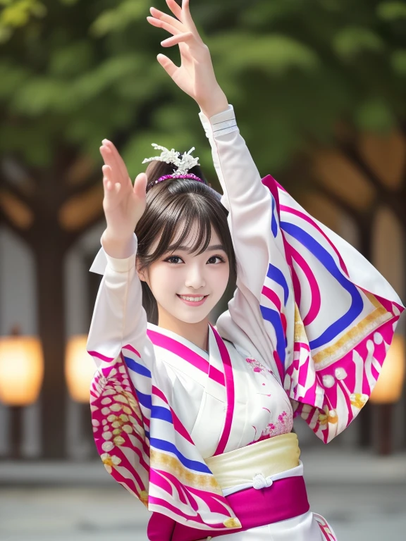 Photo-realistic quality、A 20-year-old Japanese woman dancing the Awa Odori dance、Traditional Bon Odori costumes based on white, White Arms、 White traditional costume, Japanese model, Cute playful pose of the dancer,  Beautiful images, Traditional Costume、looking at the camera、Detailed and beautiful eyes、Cute smile、A soft and gentle look