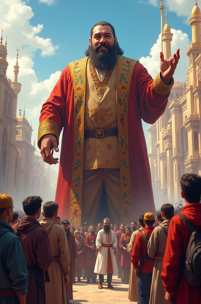"Illustrate Sultan Kösen interacting with a group of average-sized people at a public event, showcasing his larger-than-life presence and friendly demeanor."