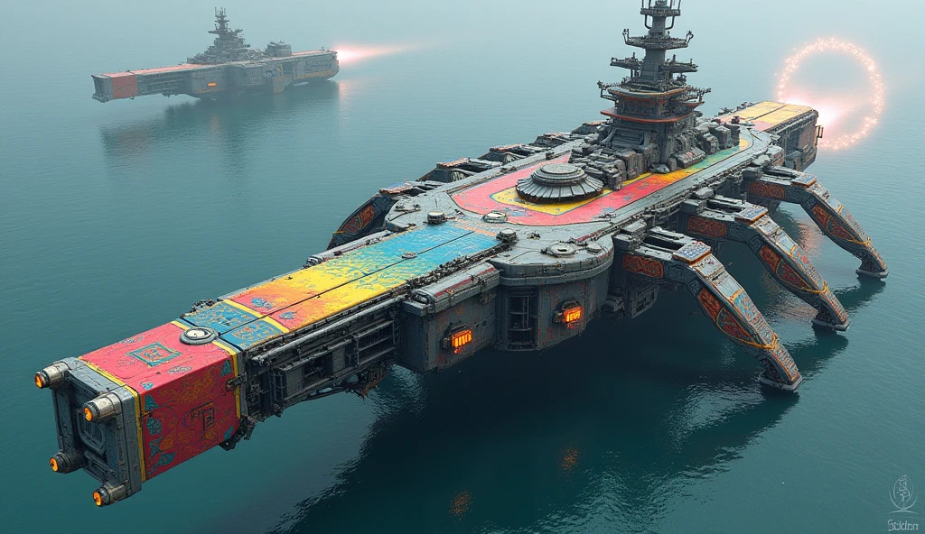 A long wide giant heavily armored divine futuristic flying all terrain biomechanical aircraft carrier, covered in rainbow batik pattern and glowing javanese runic symbols, multiple retractable cybernetic spider legs with wheels on the tip, divine halo, flying hovercraft, flying submarine, flying aircraft carrier, flying hotel, flying resort, flying city, flying skyscraper, flying cruise ship, flying yacht, flying castle, flying military base, multiple thrusters, multiple helipad, multiple propeller, mobile headquarters, mobile command center, automatic turrets, missile banks, missile defense system, multi-port rear engine arrays, large pivoted missile pods, anti-air batteries, reactive armour over vital spaces, VTOL thrusters, ventral ground-facing VTOL thruster bays, retractable center cannon, super carrier, sky carrier, space station, floating city, floating castle, white background
