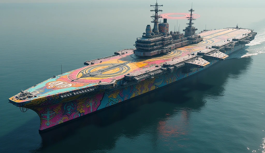 A long wide giant heavily armored divine futuristic flying all terrain biomechanical aircraft carrier, covered in rainbow batik pattern and glowing javanese runic symbols, multiple retractable cybernetic spider legs with wheels on the tip, divine halo, flying hovercraft, flying submarine, flying aircraft carrier, flying hotel, flying resort, flying city, flying skyscraper, flying cruise ship, flying yacht, flying castle, flying military base, multiple thrusters, multiple helipad, multiple propeller, mobile headquarters, mobile command center, automatic turrets, missile banks, missile defense system, multi-port rear engine arrays, large pivoted missile pods, anti-air batteries, reactive armour over vital spaces, VTOL thrusters, ventral ground-facing VTOL thruster bays, retractable center cannon, super carrier, sky carrier, space station, floating city, floating castle, white background