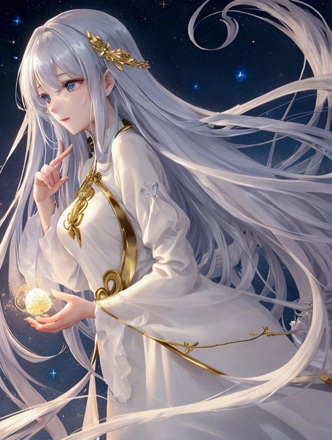 Highest quality、Very delicate、Long Hair、Fantasy、beautiful、ephemeral、Loose、cute、hope、Dynamic Cloud、Silver Marble Skin、uniform、night、Golden light