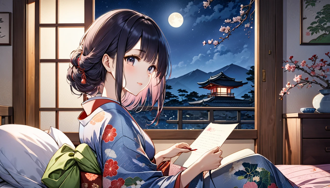 Ukiyo-e, Japanese painting, woodblock print, anime, manga, comics, figure, Beautiful woman, Wearing colorful open-necked kimonos, Night sky from window,Staring dreamily at a love letter、The soft moonlight illuminates her face、Cozy bedroom setting、Romantic and tranquil atmosphere、Photorealistic、Very detailed