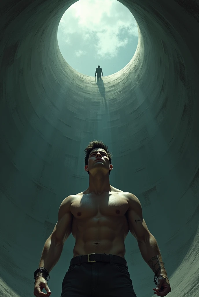 Create the image of a strong, young white man, he is trapped in a wide and deep well-shaped prison, is looking up from the coast, where he sees the exit, from above he sees the silhouette of another man looking back at him