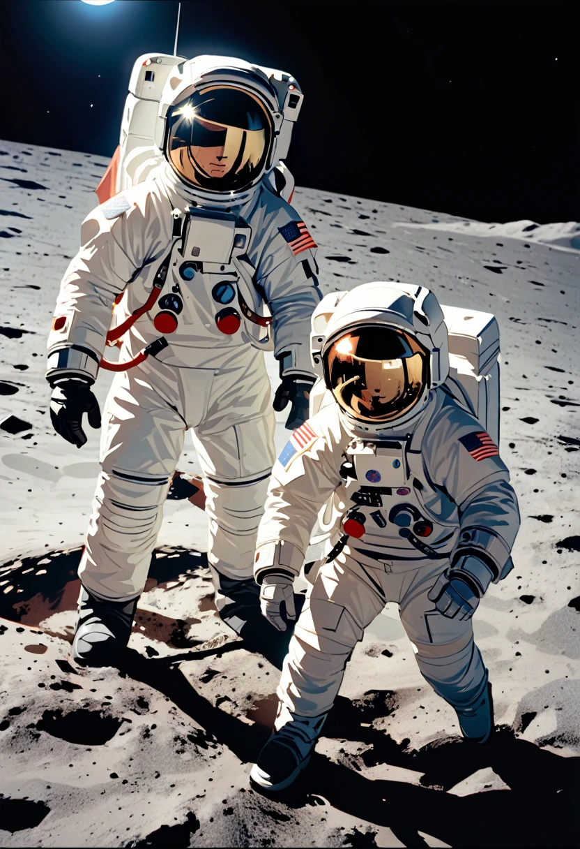 (masterpiece, best quality),1969 moon landing video, moon surface, Apollo 11, (two astronauts fist fighting), lo-fi,