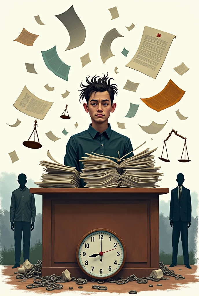 Illustration Idea Prompt (Surreal Style)
For a colorful surreal illustration in PNG style with a white background, consider the following elements:
Central Figure: An abstract representation of a person sitting at a large, chaotic desk piled high with files and papers, symbolizing the overwhelming nature of legal battles. The figure should have a contemplative expression, with a slight frown, conveying the weight of their situation.
Surrounding Imagery:
Floating documents and court symbols (like scales of justice) swirling around the figure, representing the confusion and complexity of legal proceedings.
Shadows of faceless people in black attire lurking in the background, symbolizing the oppressive nature of the legal system and the anonymity of bureaucracy.
Background Elements:
A clock with melting numbers, symbolizing the slow passage of time in the pursuit of justice, reminiscent of Salvador Dalí’s style.
A foggy landscape in the distance, representing the uncertainty and ambiguity of truth within the legal system.
Symbolic Objects:
Chains breaking apart on the ground, symbolizing the struggle for liberation from the constraints of falsehood and injustice.
A quill and ink bottle on the desk, signifying the importance of words and documentation in the quest for truth.
This surreal illustration would capture the essence of the poem, emphasizing the emotional and psychological turmoil faced by individuals navigating the complexities of justice, while also reflecting the themes of truth, silence, and the slow unfolding of legal processes.