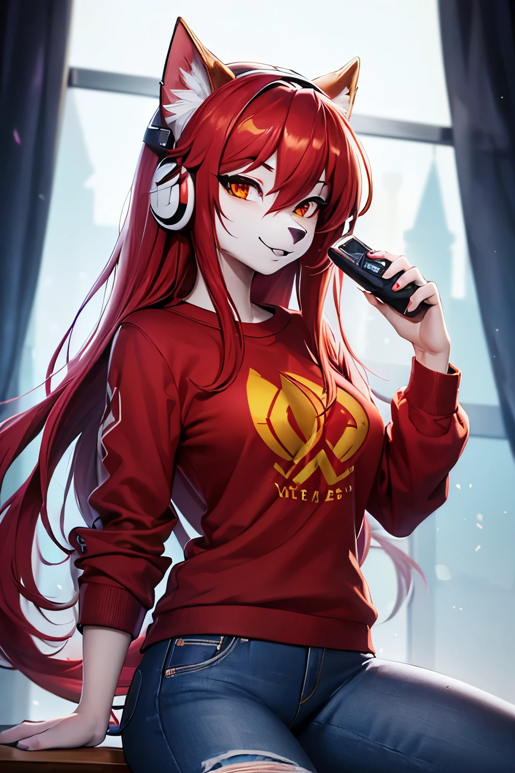 (work of art, Maximum quality, best qualityer, offcial art, beautiful and aesthetic:1.2) Uma Furry Loba Gamer, Using a White Headset, long red hair, Red Skin, gold eyes, wearing a black sweatshirt, Red T-Shirt and Dark Blue Jeans.