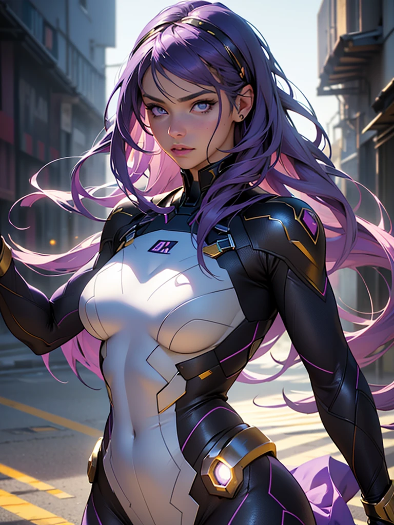 beautiful detailed eyes, beautiful detailed lips, extremely detailed eyes and face, long eyelashes, 1 girl, superhero costume, tight futuristic costume, long purple hair, gold hairpins, calm and reasonable expression, purple white black costume, heroes training field, full length, (best quality,4k,8k,highres,masterpiece:1.2),ultra-detailed,(realistic,photorealistic,photo-realistic:1.37),HDR,UHD,studio lighting,ultra-fine painting,sharp focus,physically-based rendering,extreme detail description,professional,vivid colors,bokeh,concept art. Full length. A girl warms up on a training ground.