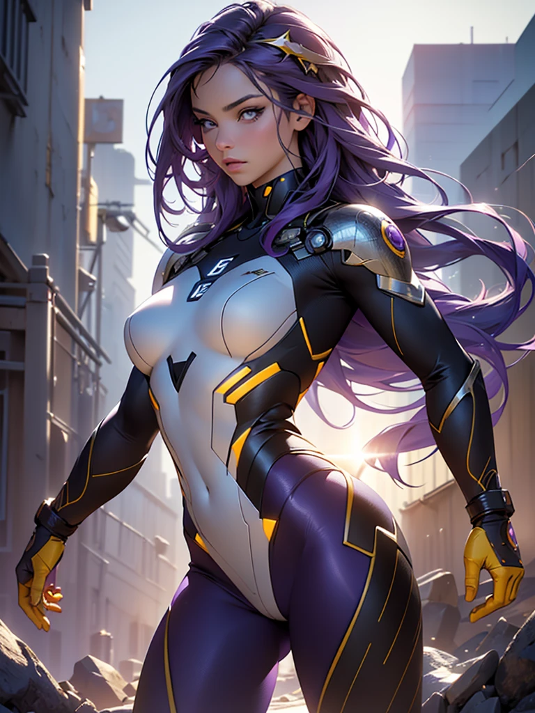 beautiful detailed eyes, beautiful detailed lips, extremely detailed eyes and face, long eyelashes, 1 girl, superhero costume, tight futuristic costume, long purple hair, gold hairpins, calm and reasonable expression, purple white black costume, heroes training field, full length, (best quality,4k,8k,highres,masterpiece:1.2),ultra-detailed,(realistic,photorealistic,photo-realistic:1.37),HDR,UHD,studio lighting,ultra-fine painting,sharp focus,physically-based rendering,extreme detail description,professional,vivid colors,bokeh,concept art. Full length. A girl warms up on a training ground.