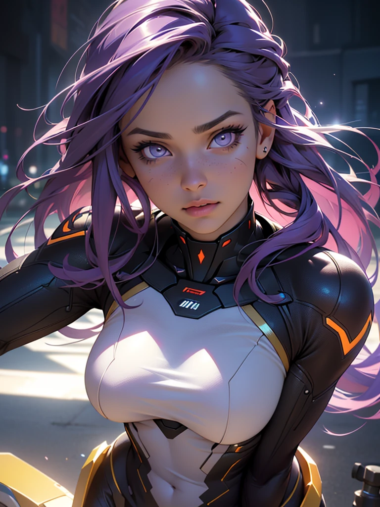 beautiful detailed eyes, beautiful detailed lips, extremely detailed eyes and face, long eyelashes, 1 girl, superhero costume, tight futuristic costume, long purple hair, gold hairpins, calm and reasonable expression, purple white black costume, heroes training field, full length, (best quality,4k,8k,highres,masterpiece:1.2),ultra-detailed,(realistic,photorealistic,photo-realistic:1.37),HDR,UHD,studio lighting,ultra-fine painting,sharp focus,physically-based rendering,extreme detail description,professional,vivid colors,bokeh,concept art. Full length. A girl warms up on a training ground.