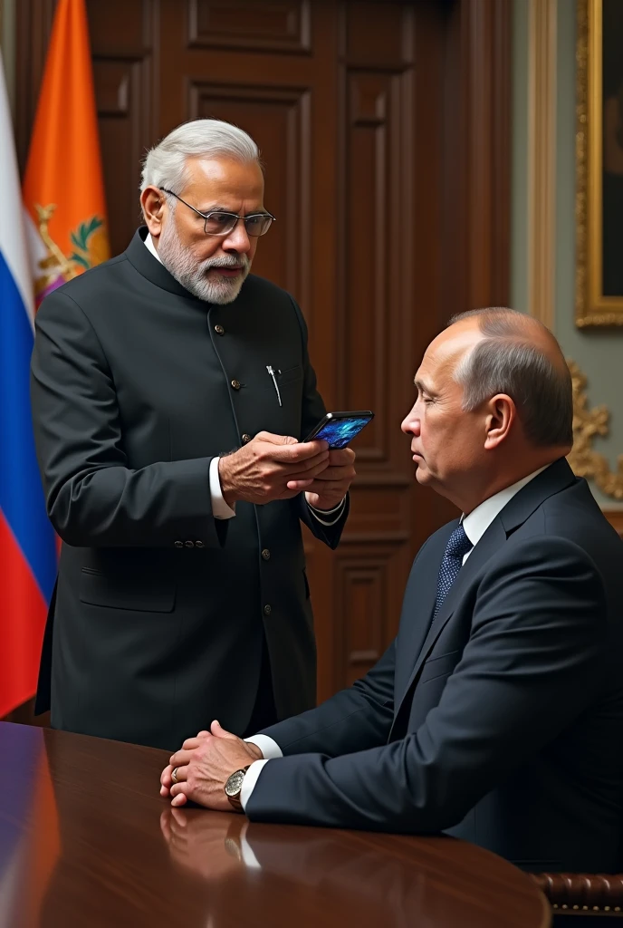Prime minister modi talk with putin and show something in mobile 