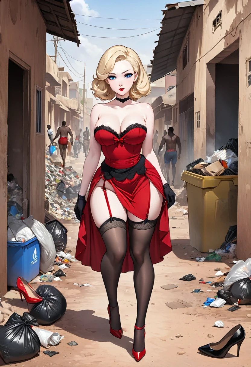 masterpiece, small size head, pinup, Stunning Blonde lady, pale skin, blue eyes, stunning, wearing red royal dress, she wear black stockings and garter belt ,red stilettos ,thick calves, long thick legs , big ass. She is walking in poor african Town with a Lot of garbage and african men.