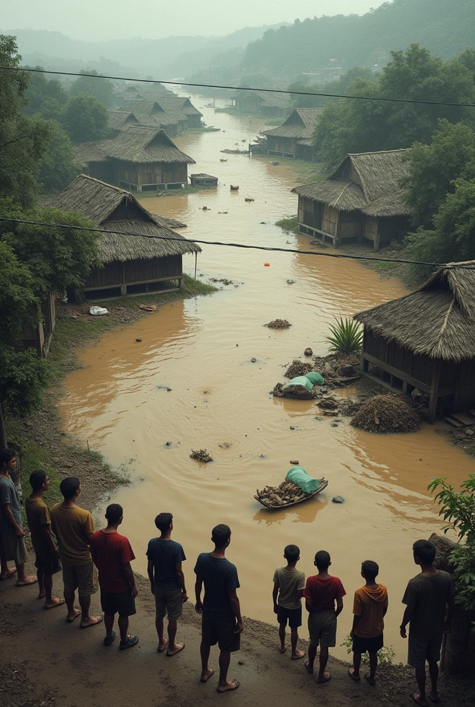 Flooded forests and houses. There are clothes, dishes, various useful items, dead cows, goats, dead children in the water.
