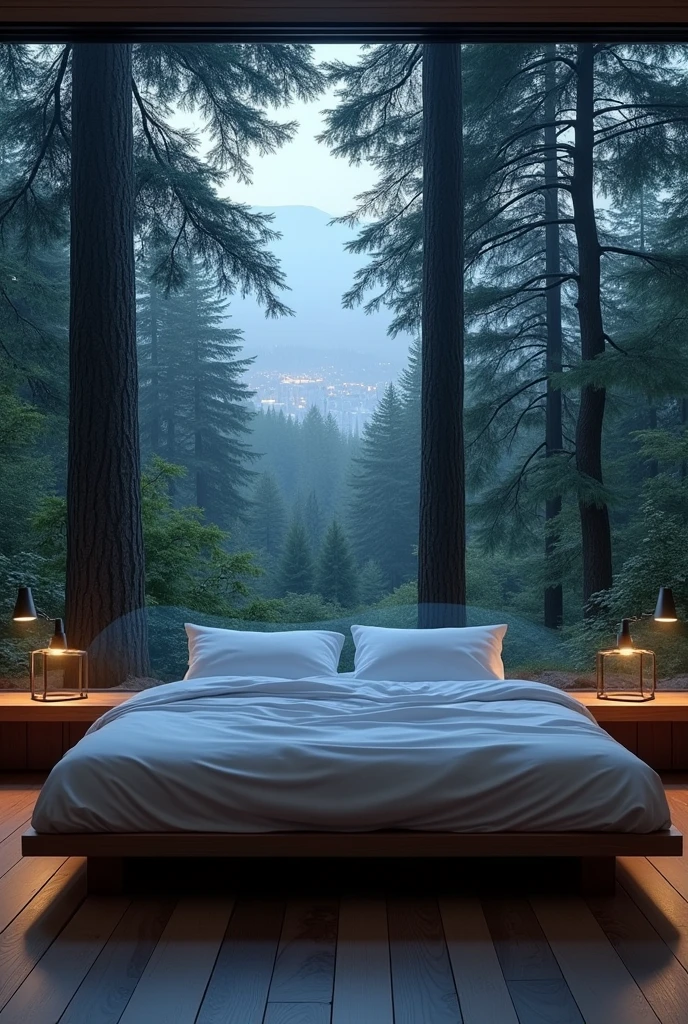 A normal empty bed in modern room in night in forest with city view