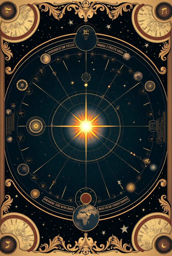 Create a star map illustration that represents the night sky on September 15, 2004. The design should be in a vintage, ornate style with intricate borders and celestial details, similar to a classical astronomical chart. Include a central bright star surrounded by various constellations and celestial bodies.
Add decorative elements like small maps, constellations, and symbols around the border. The background should be dark with a starry sky and intricate illustrations of the zodiac and other celestial motifs
Complete image without missing anything
