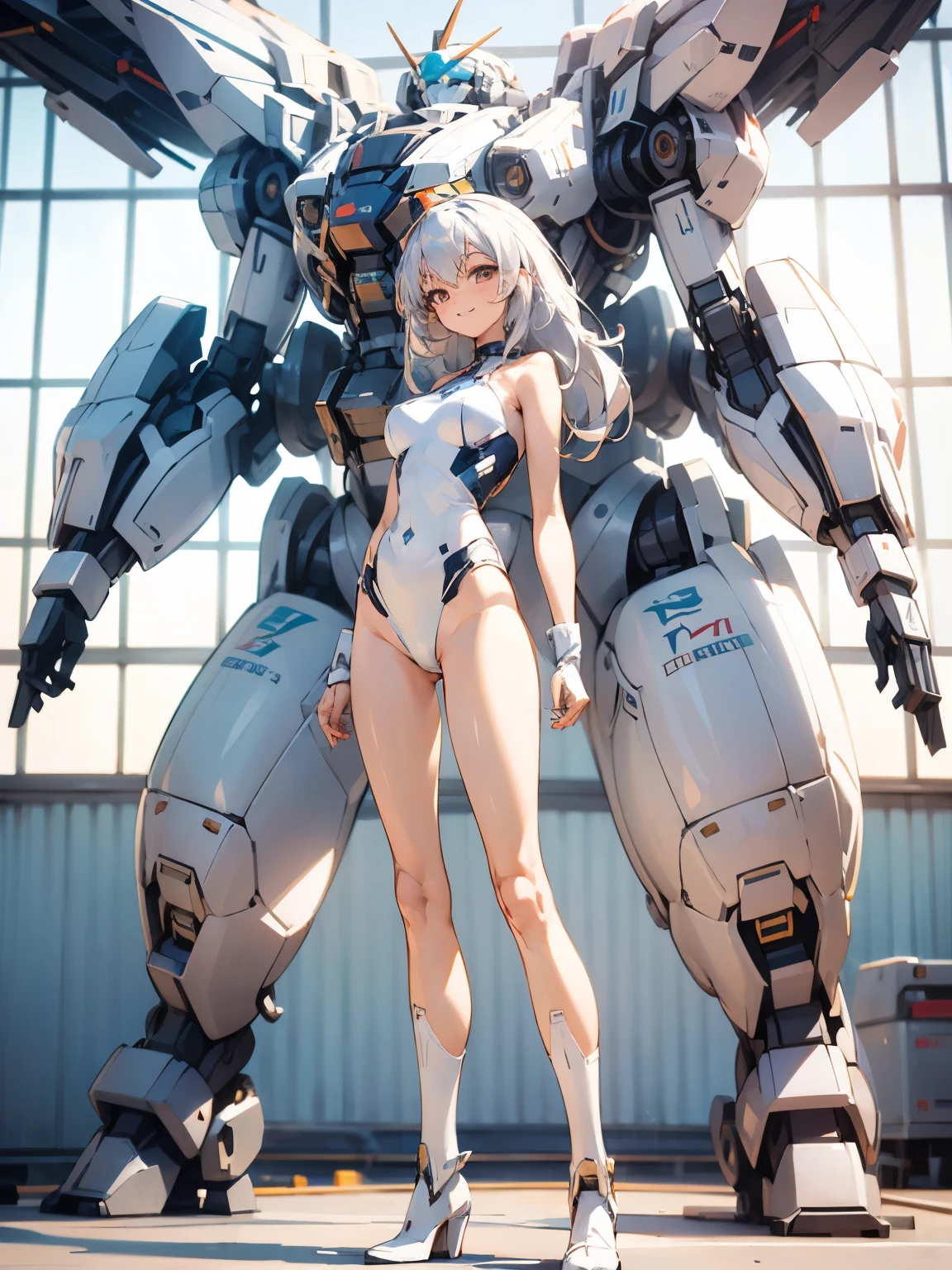 Very beautiful girl, 1, Exposed, White slingshot swimsuit style, black and white boots, High leg, micro, Beautiful Hair, Delicate face, Beautiful Skin, Tight waist, Very beautiful breasts, Look here, arms folded, Grin, Standing in front of a sophisticated bipedal robot