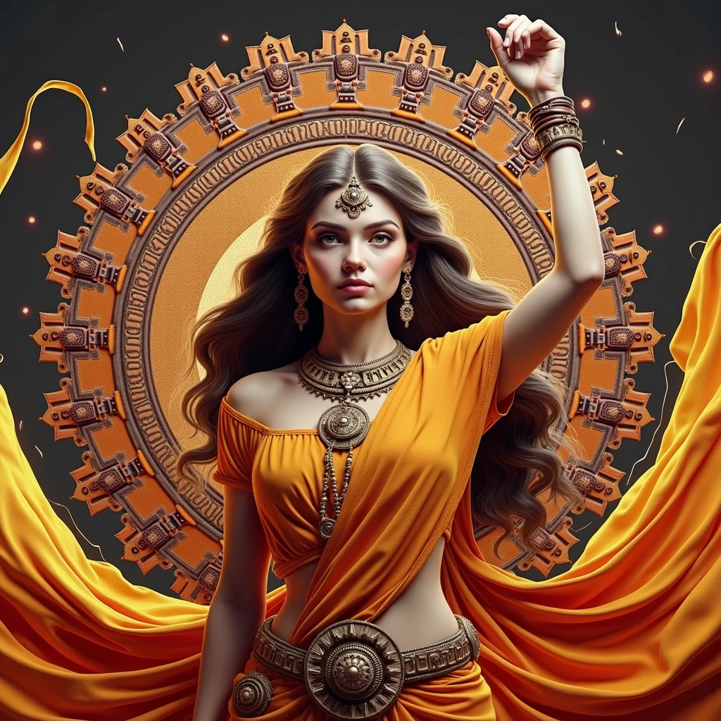  a young lady,displaying her own power.((protector,fighter,ancient,murder,bravery)),((orange,yellow,red)),(( Full figure wiew)). ((Three quarter wiew)),((deep wiew)),modern suburbs scenario background,photographic,ultra high resolution,hyperdetailed, masterpiece, 3d modelling, digital art.