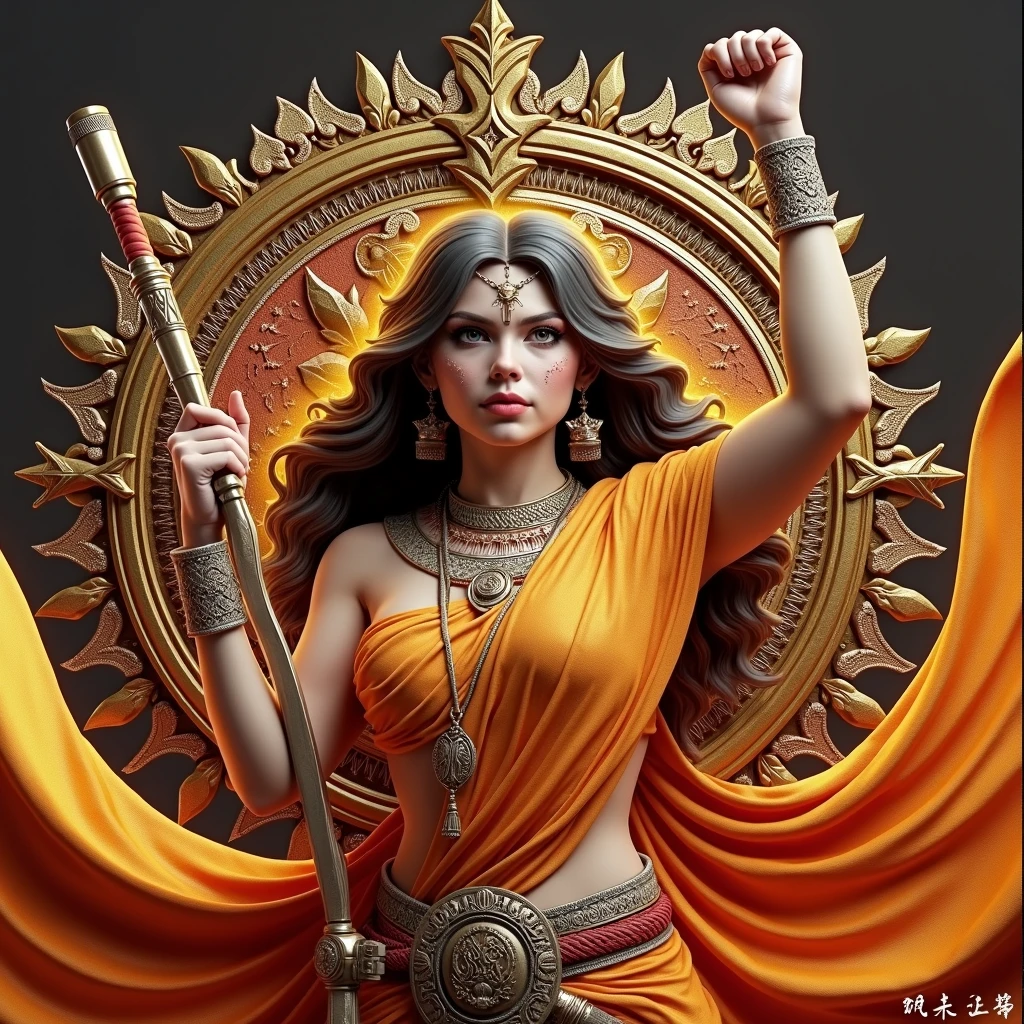 a young lady,displaying her own power.((protector,fighter,ancient,murder,bravery)),((orange,yellow,red)),(( Full figure wiew)). ((Three quarter wiew)),((deep wiew)),modern suburbs scenario background,photographic,ultra high resolution,hyperdetailed, masterpiece, 3d modelling, digital art.