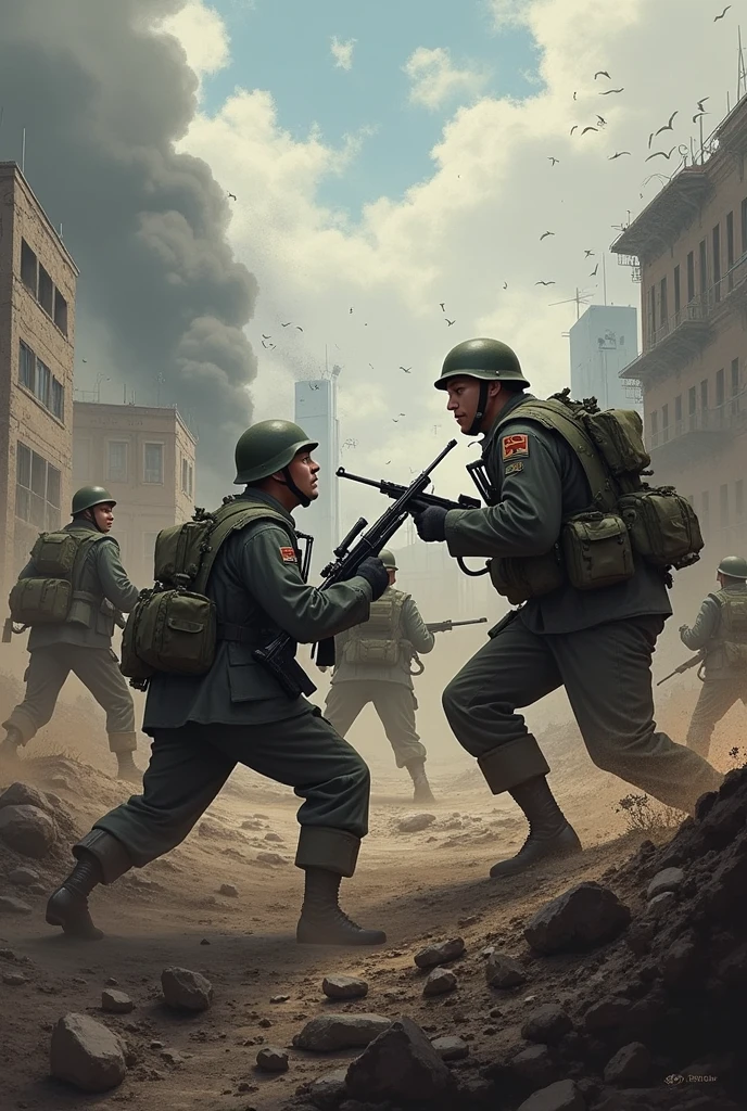 A Chinese man, It hurts, It hurts, Fall on the battlefield, He had blood on his face. There was an explosion，The dark ground was littered with rubble. The face of a 50 year old man. face of pain. short  hair. Men are miserable.