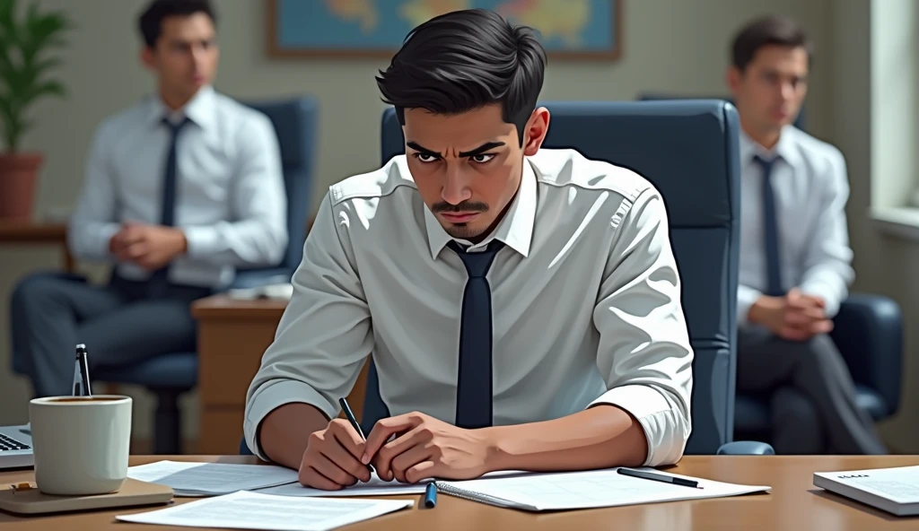 Illustrate Vijay dressed formally, nervously sitting in front of interviewers in a small office, hoping to get a new job.