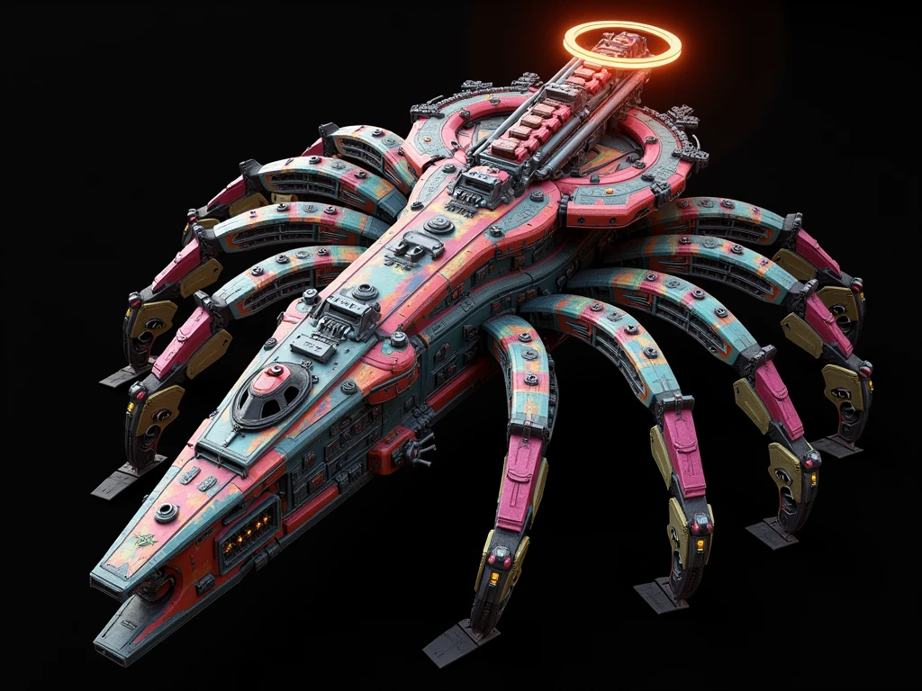 A long wide giant heavily armored divine futuristic flying all terrain biomechanical aircraft carrier, covered in rainbow batik pattern and glowing javanese runic symbols, multiple retractable cybernetic spider legs with wheels on the tip, divine halo, flying hovercraft, flying submarine, flying aircraft carrier, flying hotel, flying resort, flying city, flying skyscraper, flying cruise ship, flying yacht, flying castle, flying military base, multiple thrusters, multiple helipad, multiple propeller, mobile headquarters, mobile command center, automatic turrets, missile banks, missile defense system, multi-port rear engine arrays, large pivoted missile pods, anti-air batteries, reactive armour over vital spaces, VTOL thrusters, ventral ground-facing VTOL thruster bays, retractable center cannon, super carrier, sky carrier, space station, floating city, floating castle, white background