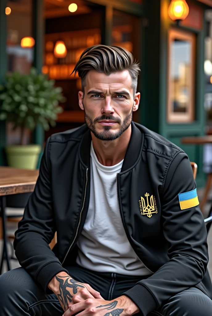(photorealism:1.2), beautiful man, sitting on chair, wearing balck jacket with ukranian coat of arms, white t-shirt, hairstyle like David Beckham in 2016, no tattoos, outdoors, soft lighting, georgian bar background, sunlight, relaxed pose, realistic, intricate details, warm colors, by Greg Rutkowski, by Alphonse Mucha.