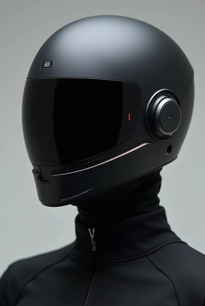 "A simple yet elegant futuristic techwear helmet with a minimalist design. The helmet features smooth, clean lines and an automatically opening visor. The design emphasizes sophistication with a matte black finish, accented by subtle metallic or neon highlights. The overall look is modern, high-tech, and stylish, with a focus on elegance and simplicity
