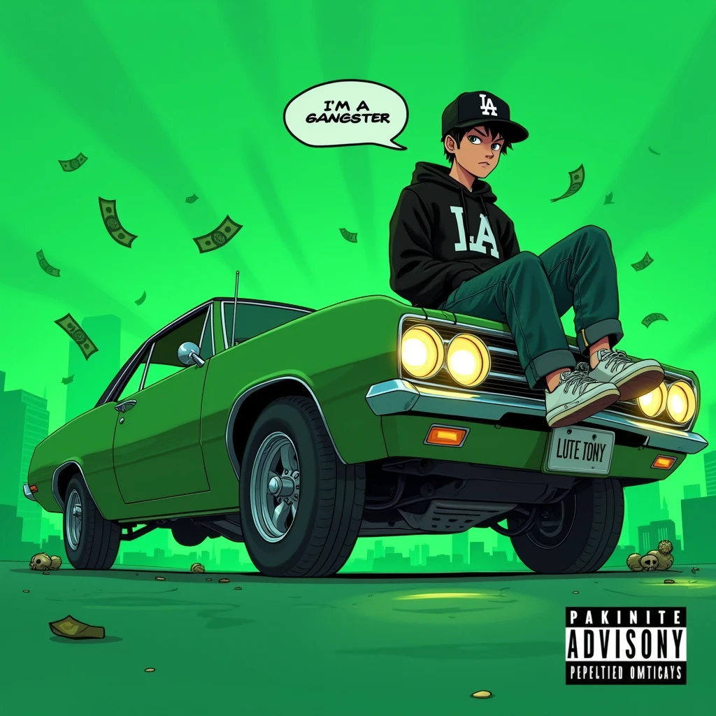 Image of a man sitting on the bonnet of a car, Yoshihiko Wada&#39;s album cover, winner of the behance contest, Doodle, official artwork, rap album cover, hip - hop album art cover, colored album art, hip hop music album cover, rap album cover art, official fanart, GTA Cover, hip hop album cover, album art cover, Cartoon character, oriental boy, Running car, Green background, green tea, Deep pressed black LA ball cap, white nike shoes, Black LA Hoodie, Baggy jeans worn down, black neighborhood, Skull, drug, The city seen from behind, korean, white smoke, Headlight light, Troublemakers, Bad boy, A lot of money flying around, Write I&#39;m a gangster like a character speech bubble, mischievous expression, stupid face