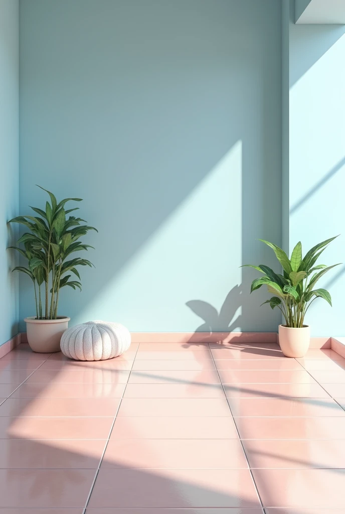 A room with light pink tiles and sky blue colour. The tiles are of 2*4