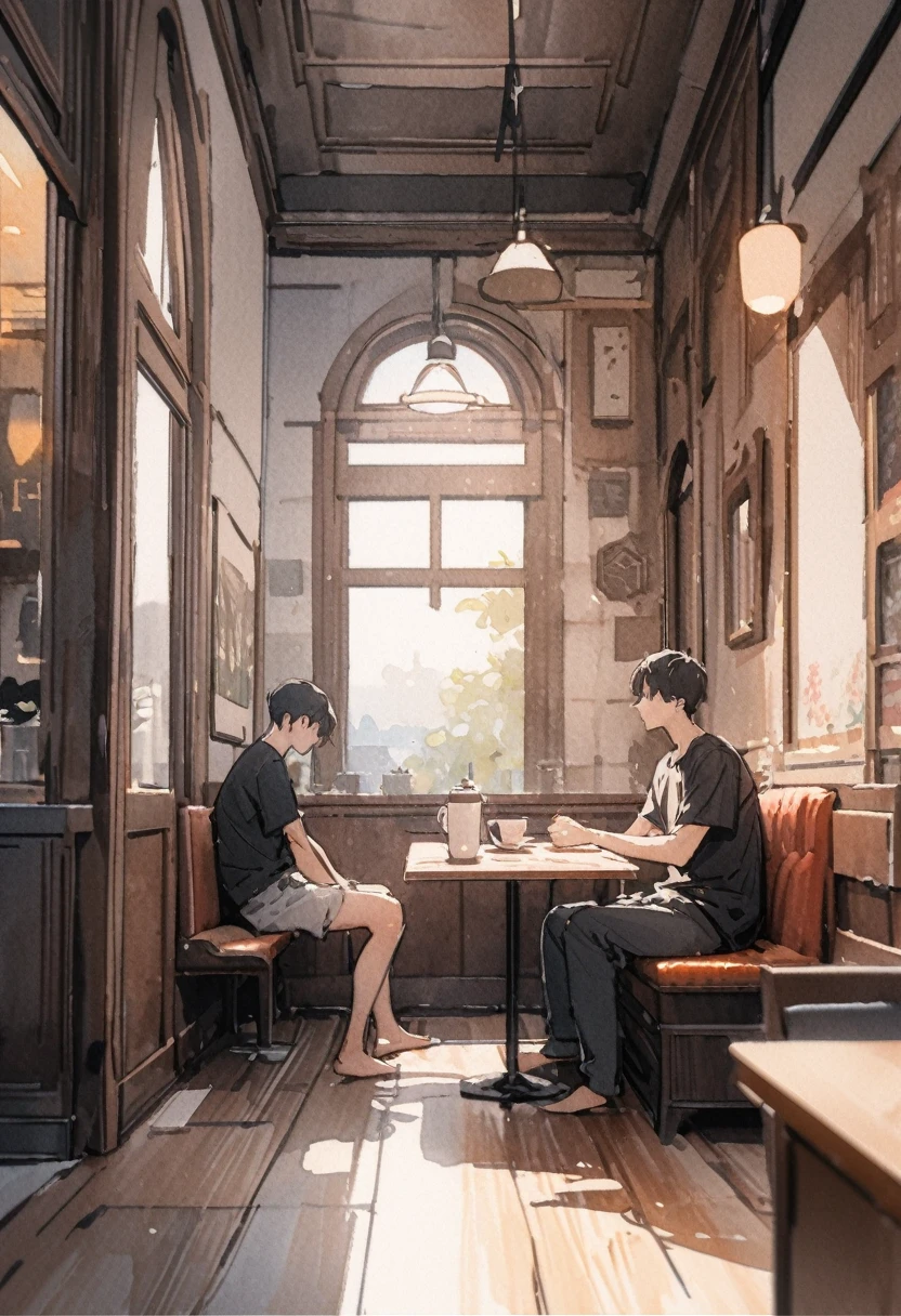 masterpiece,最high quality,Very detailed,High resolution backgrounds,8k,there is nothing,high quality,break,japanese manga style, sketch, Watercolor Colors,Cafe with a nice atmosphere,antique interior,Stylish interior,Boy sits,Black Simple T-Shirt,slowly,relax,coffee, 