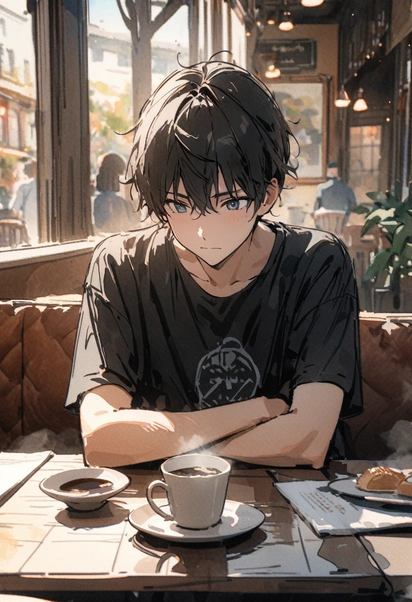 masterpiece,最high quality,Very detailed,High resolution backgrounds,8k,there is nothing,high quality,break,japanese manga style, sketch, Watercolor Colors,Cafe with a nice atmosphere,antique interior,Stylish interior,Boy sits,Black Simple T-Shirt,slowly,relax,coffee,