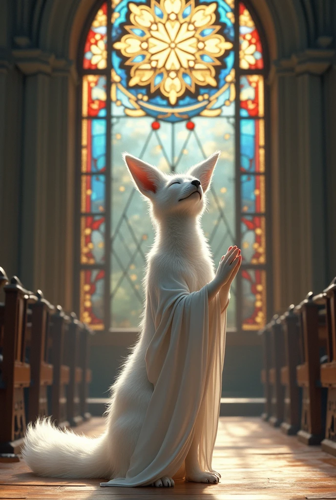 a white fox in a white robe stands in the church against the background of a stained-glass window, fingers joined and releasing his head, praying