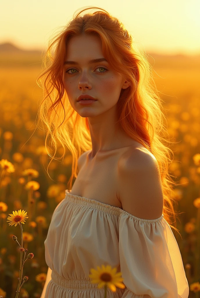 美しいvampire、Gaze, Hair blowing in the wind, orange色のパーマがかかった髪、vampire、Golden flower field、Blooming、wheat色の肌、Sunburn、Hot flashes、inflammation、air、Lightの玉、
Vampire、White cotton dress、Light、Beautiful and elegant、
One person, Anatomically correct, Winner of numerous awards, Textured skin, Water Drop、血に飢えたVampire、fresh、gem、Perl、wheat、yellow、orange、