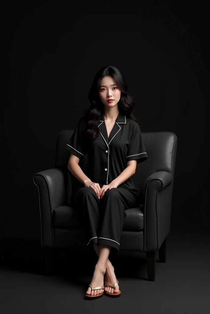 (photorealism:1.2), curve Asian woman with black wavy hair, wearing black pajamas, black sandals, sitting on chair, plain black background