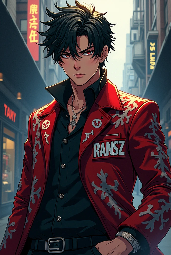 Anime young mafia boss wearing a jacket with ransz written on it