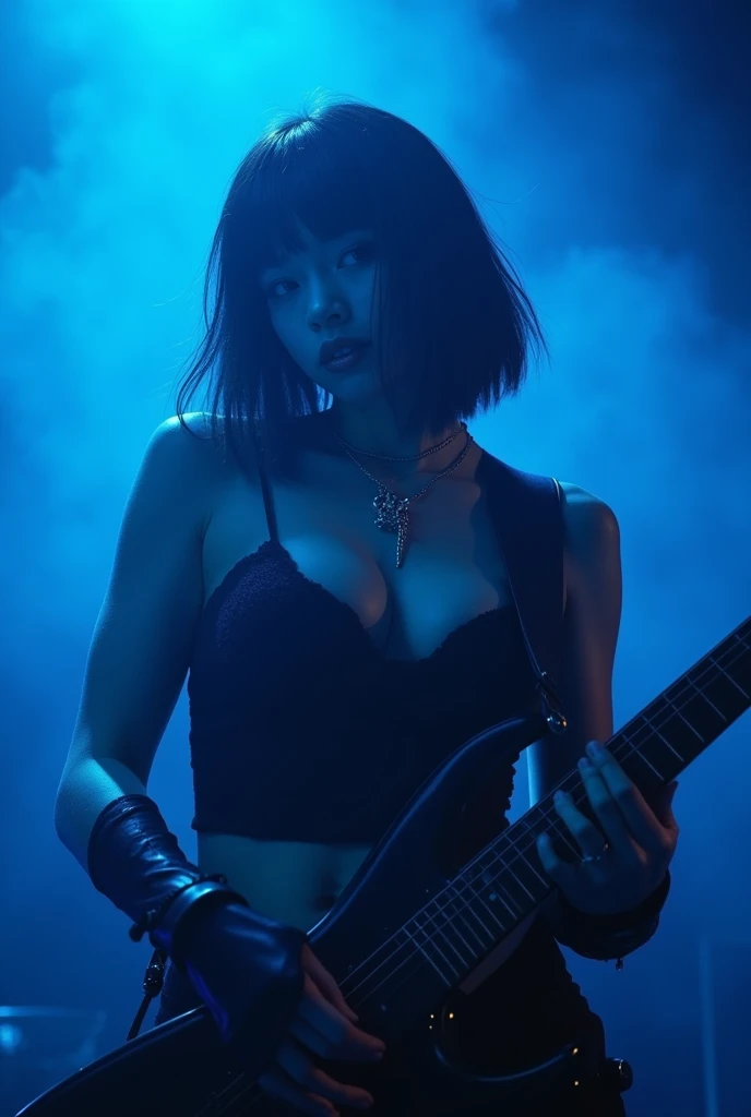 A cleavage big enough to hold a penis、Alice Hirose、Female vocalist with short bob hair、Metal Band、Solo artist、live house、Lots of stage smoke、Blue lighting、Thick eyelashes、Extensions、