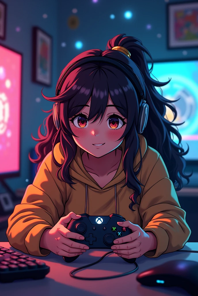 Anime gamer girl with a métis skin,and brown Curly hair ,a Controllers of à Xbox in is hand
