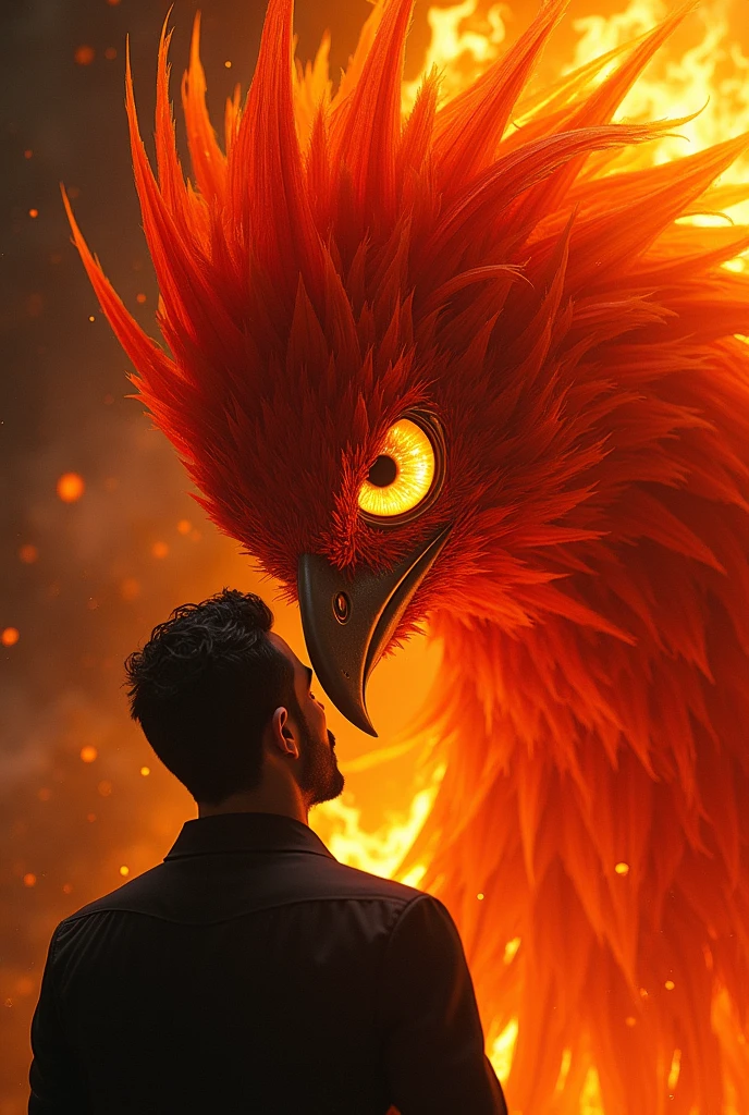 a giant bird eye the size of a human staring closely at a man, the bird is a phoenix, over the shoulder shot, very hot, bright red lighting