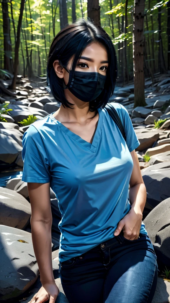  with pretty facial features, short black hair, wearing blue t-shirt, black jeans, black surgical mask, sitting on big rock in forest, morning light, HDR, UHD, studio lighting, ultra-detailed, realistic, photorealistic, masterpiece, portrait