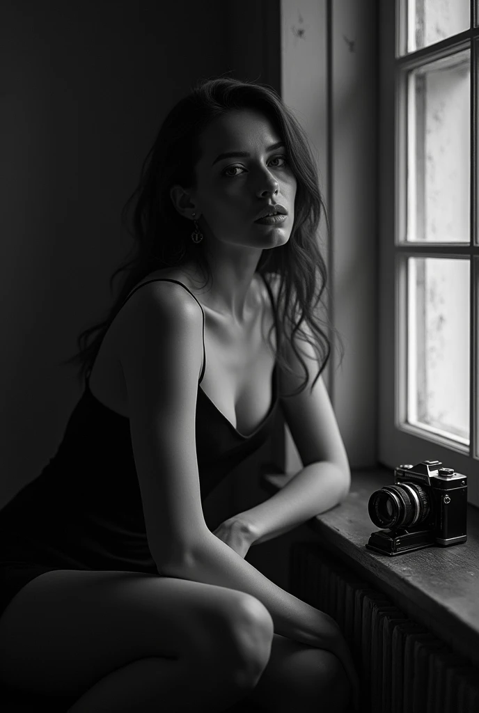Stunning Swedish model sitting by the window, stares into the camera with a sensual look, has no support. The dimly lit room casts shadows over her perfect figure.. Smoky and sensual, with an old film camera, Shot in black and white, David LaChapelle style