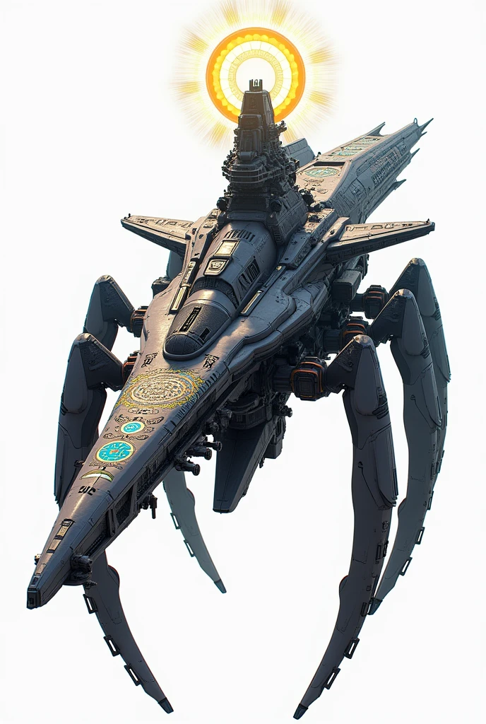 A long wide giant heavily armored divine futuristic flying all terrain biomechanical spaceship, covered in rainbow batik pattern and glowing javanese runic symbols, multiple retractable cybernetic spider legs with wheels on the tip, divine halo, flying hovercraft, flying submarine, flying aircraft carrier, flying hotel, flying resort, flying city, flying skyscraper, flying cruise ship, flying yacht, flying castle, flying military base, multiple thrusters, multiple helipad, multiple propeller, mobile headquarters, mobile command center, automatic turrets, missile banks, missile defense system, multi-port rear engine arrays, large pivoted missile pods, anti-air batteries, reactive armour over vital spaces, VTOL thrusters, ventral ground-facing VTOL thruster bays, retractable center cannon, super carrier, sky carrier, space station, floating city, floating castle, white background