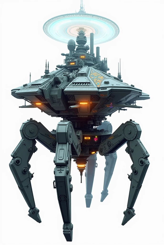 A long wide giant heavily armored divine futuristic flying all terrain biomechanical spaceship, covered in rainbow batik pattern and glowing javanese runic symbols, multiple retractable cybernetic spider legs with wheels on the tip, divine halo, flying hovercraft, flying submarine, flying aircraft carrier, flying hotel, flying resort, flying city, flying skyscraper, flying cruise ship, flying yacht, flying castle, flying military base, multiple thrusters, multiple helipad, multiple propeller, mobile headquarters, mobile command center, automatic turrets, missile banks, missile defense system, multi-port rear engine arrays, large pivoted missile pods, anti-air batteries, reactive armour over vital spaces, VTOL thrusters, ventral ground-facing VTOL thruster bays, retractable center cannon, super carrier, sky carrier, space station, floating city, floating castle, white background