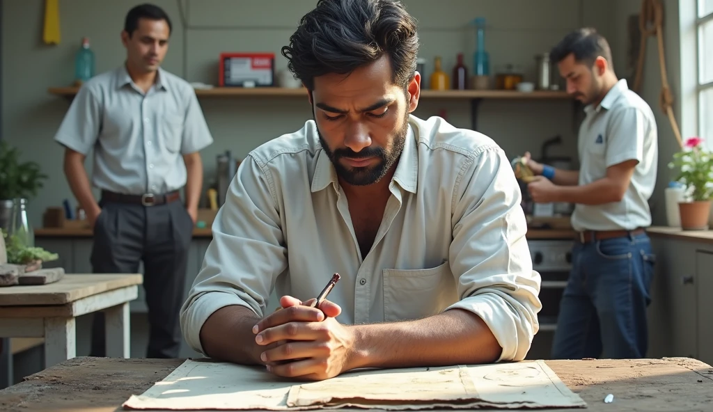 Picture Vijay working a small job, maybe in retail or manual labor, showing the beginning of his rebuilding process.