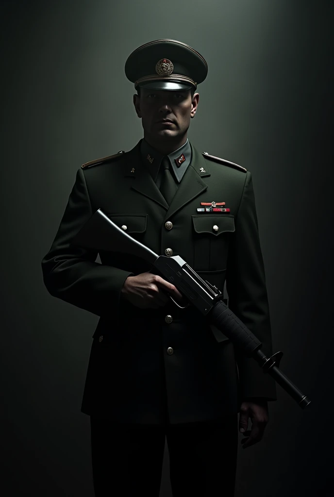 NKVD officer of the 1940s, military uniform, cap, Stern expression, holding a gun, in a dark room, dramatic lighting, cinematic, photorealistic, (Best quality,4K,8 K,a high resolution,masterpiece:1.2),ultra detailed,(realistic,photorealistic,photo-realistic:1.37),cinematic lighting,Dramatic chiaroscuro,moody atmosphere