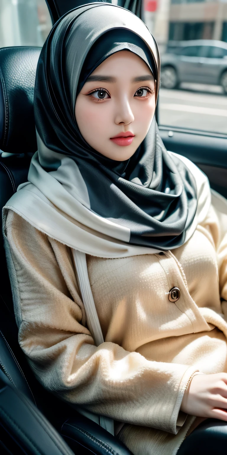 Korean cute girl, beautiful girl in hijab, 1 girl, perfect face, expressive eyes, softlens, makeup, eyeshadow, eyeliner, luxurious hijab, patterned hijab, hijab decoration, brooch, shiny lips, sitting in the car seat,